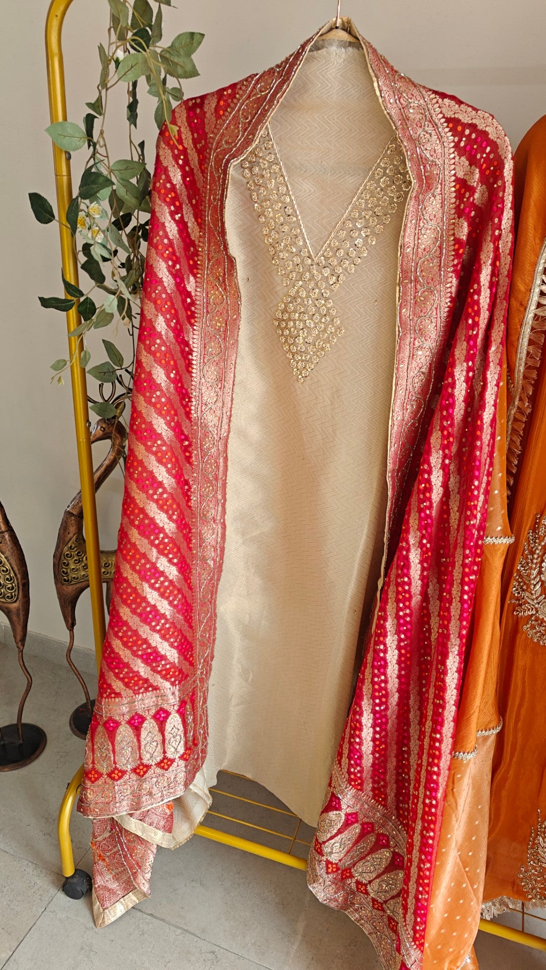 Partywear Gold kurta with Red dupatta unstitched suit set  Neel Creations  By Saanvi