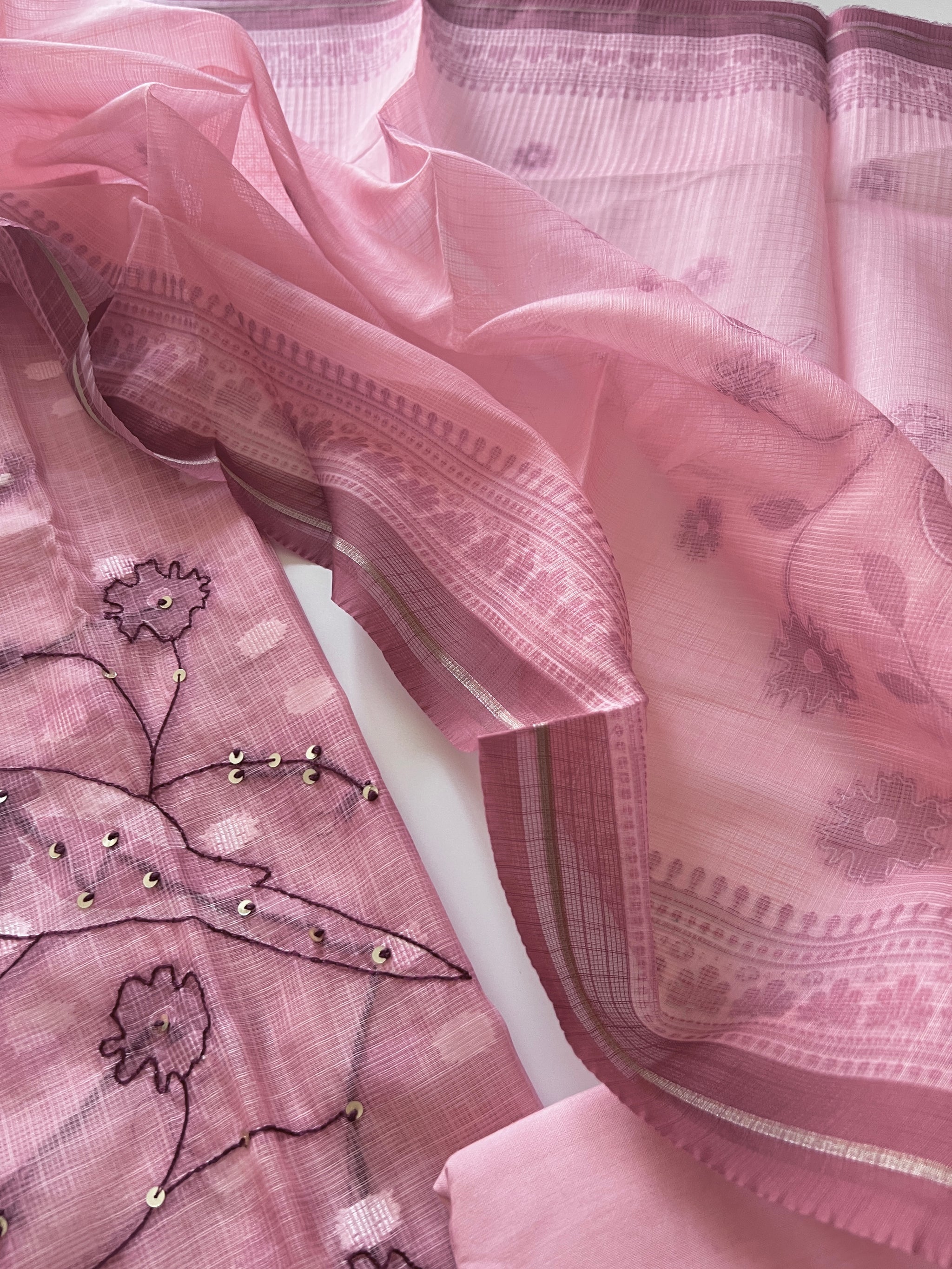 Pink Bird Embroidered Unstitched Suit