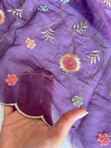 Purple Mul chanderi full embroidery dupatta thread work unstitched suit