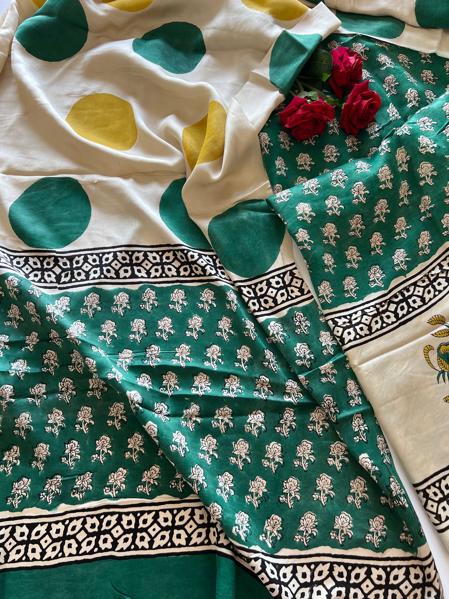 Green Original Handblock Ajrakh print on Modal fabric Unstitched suit set