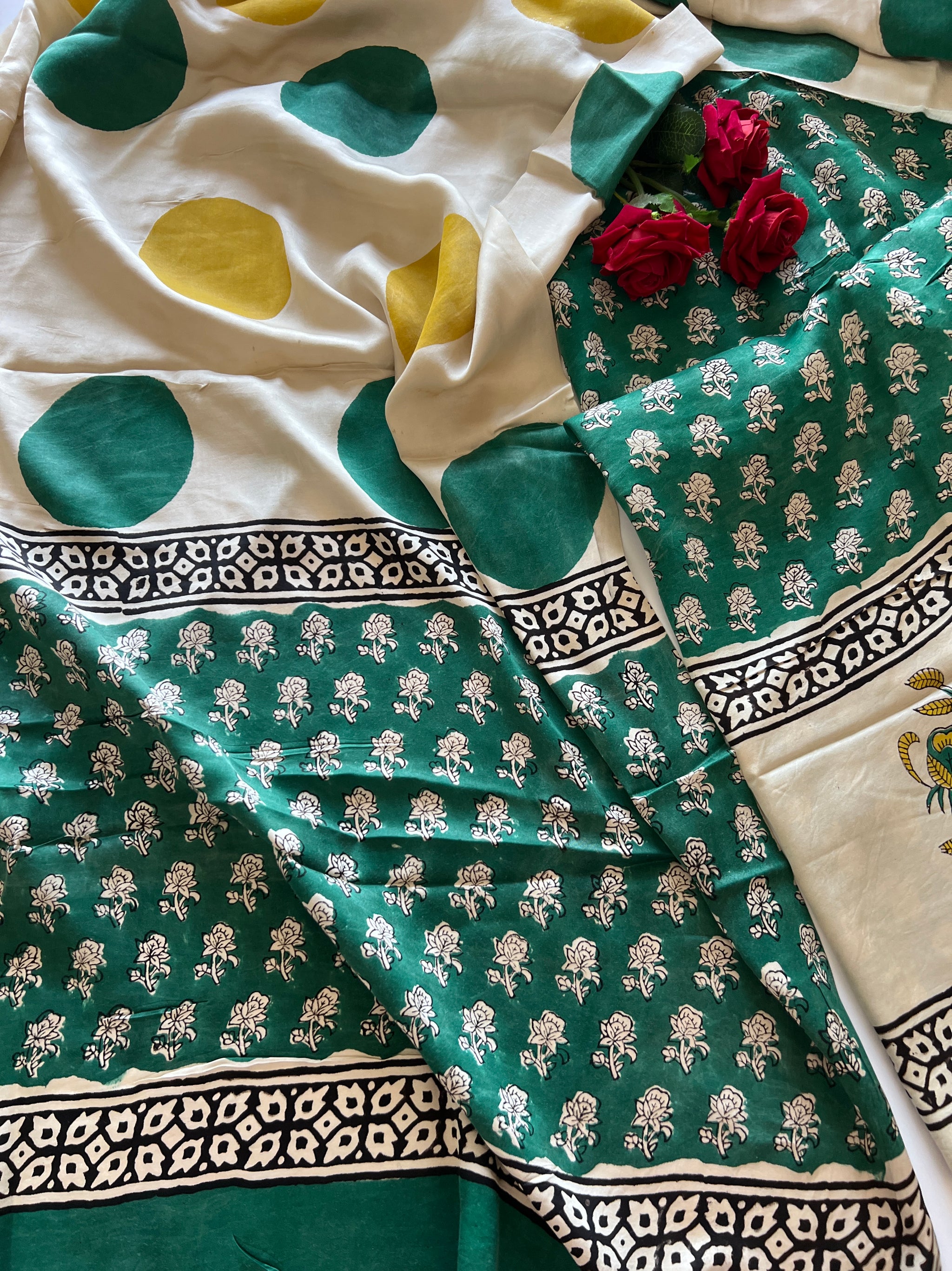 Green Original Handblock Ajrakh print on Modal fabric Unstitched suit set