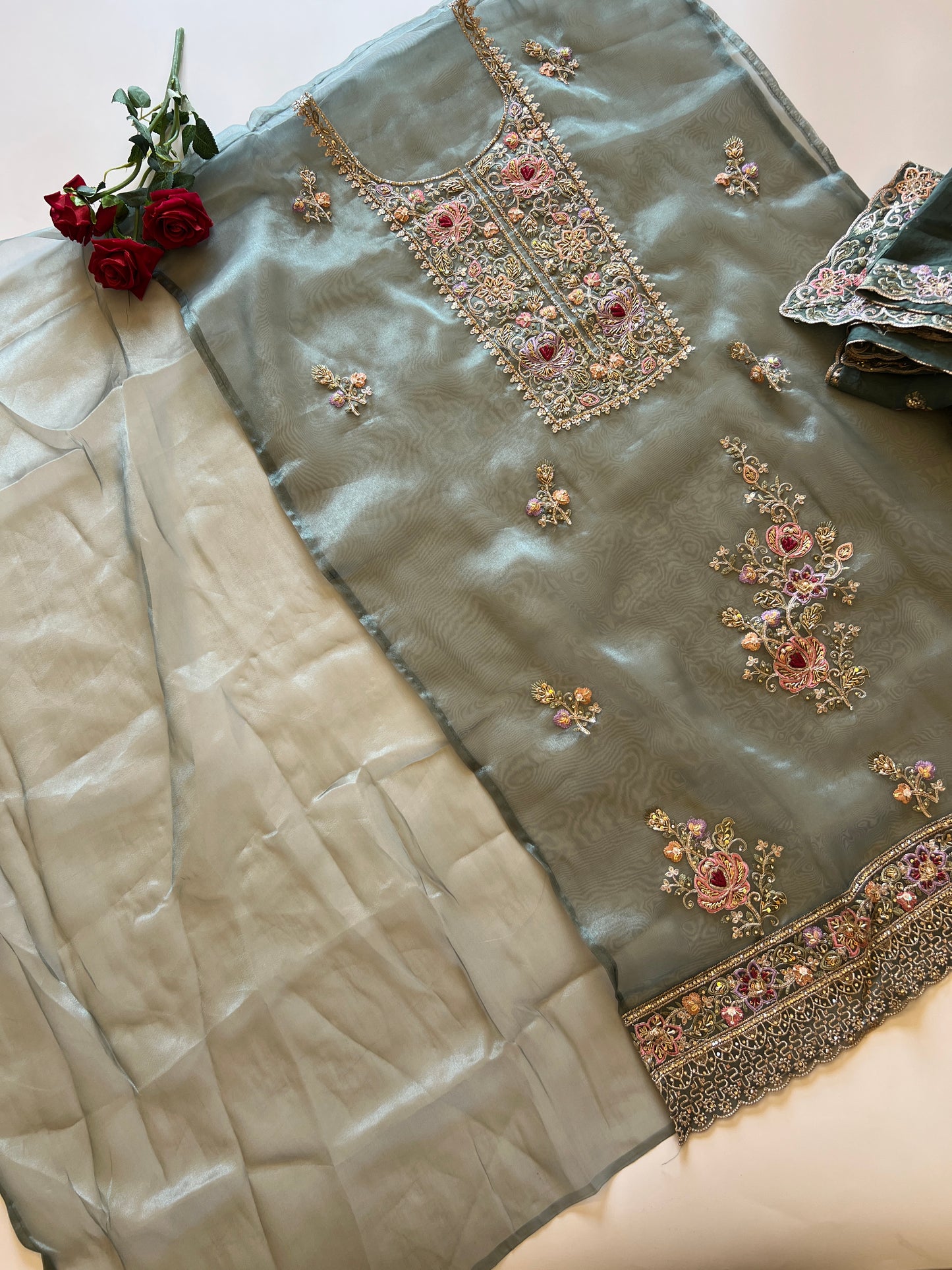 Tissue partywear embroidered suit set unstitched