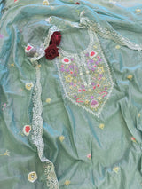 Blue Mul Chanderi Thread embroidered Unstitched Suit