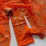 Orange Mul Chanderi dress material with mukaish -Paisley