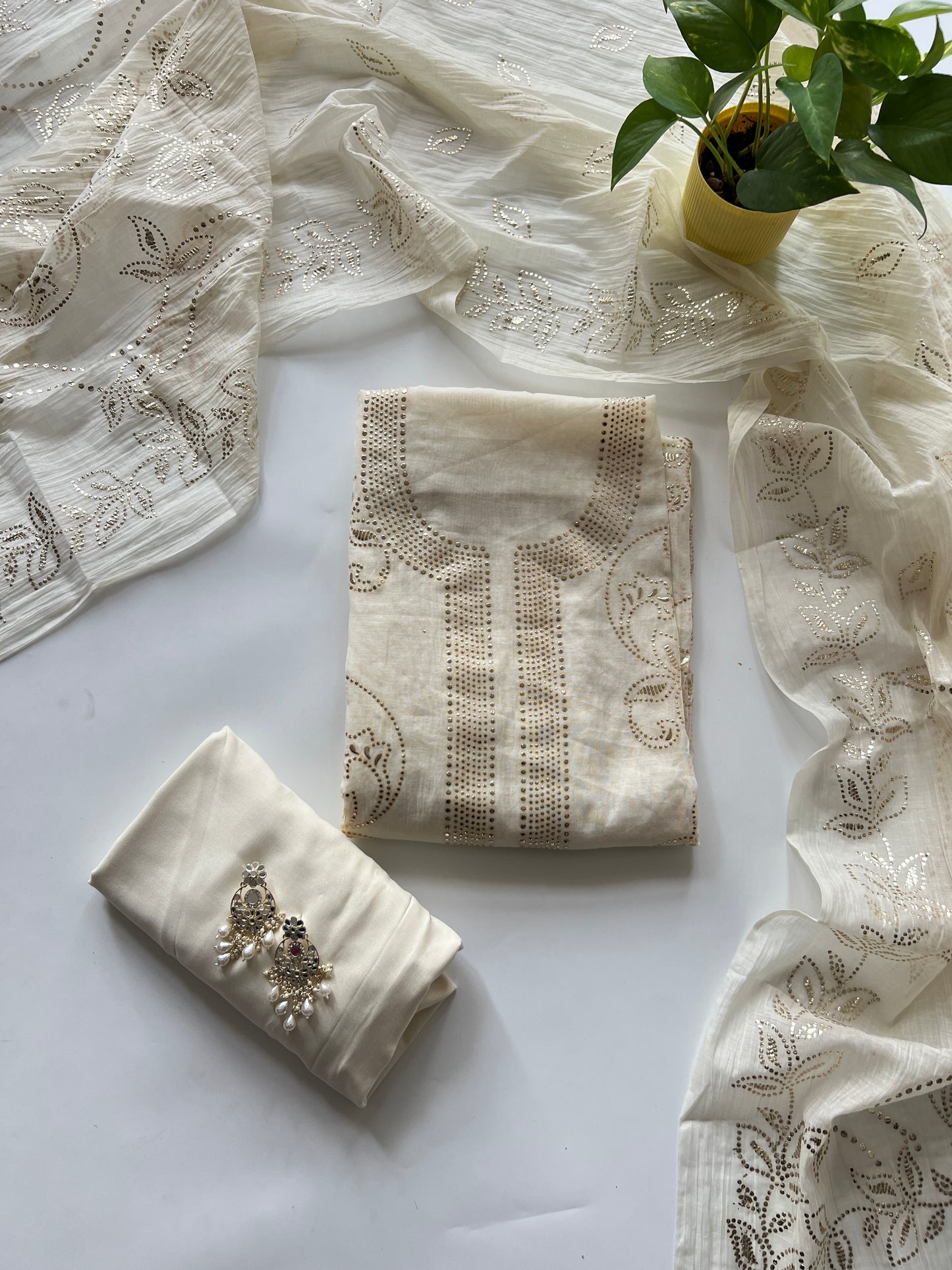 Cream Mul Chanderi dress material with mukaish