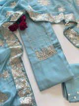 Blue Mul Chanderi Handwork with Parsi dupatta Unstitched Suit set
