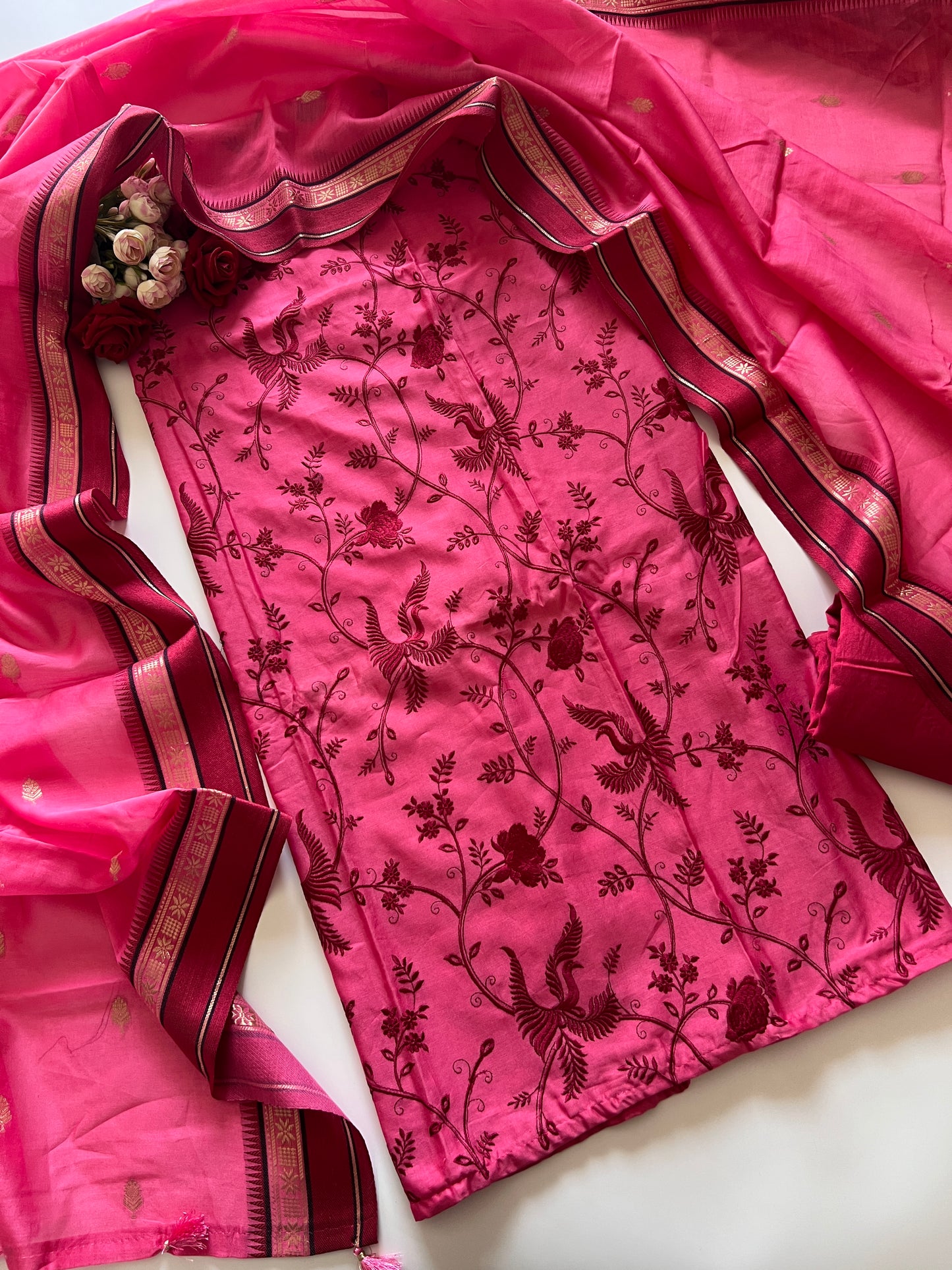 Pink Pure Chanderi Parsi Thread embroidered Unstitched Suit