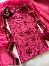 Pink Pure Chanderi Parsi Thread embroidered Unstitched Suit