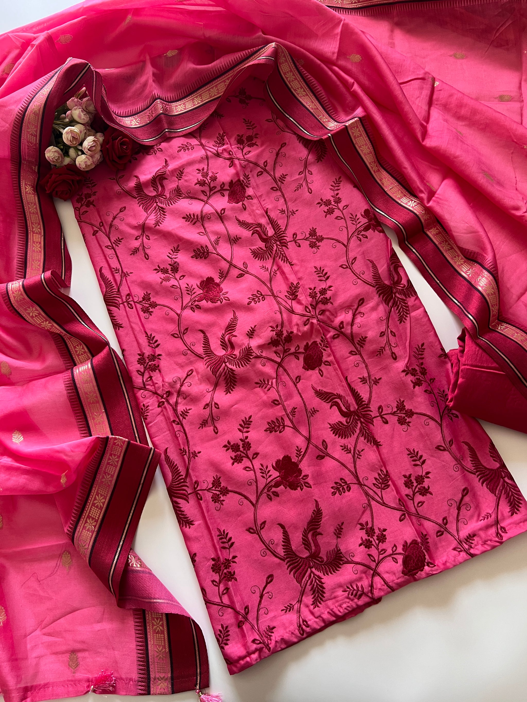 Pink Pure Chanderi Parsi Thread embroidered Unstitched Suit