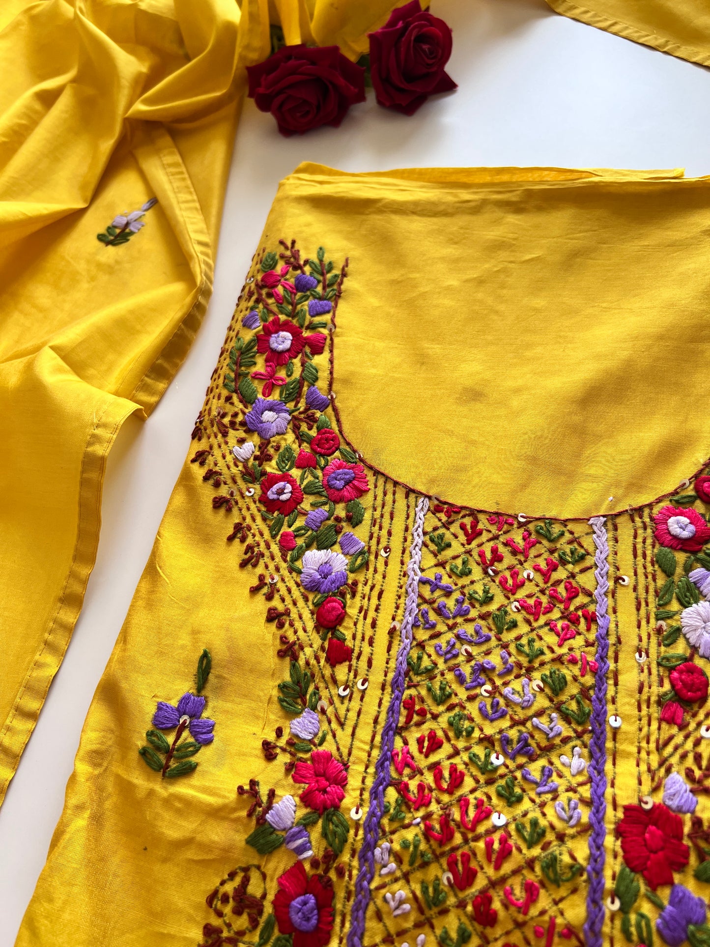 Yellow knot embroidery Unstitched suit material