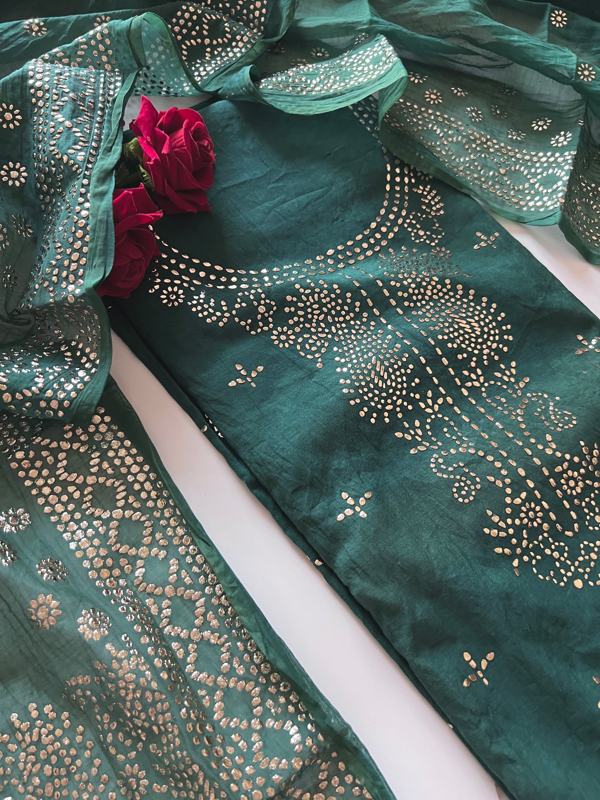 Green Mul Chanderi dress material with mukaish