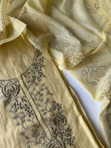 Pastel Yellow Mul Chanderi dress material with pitta and mukaish work