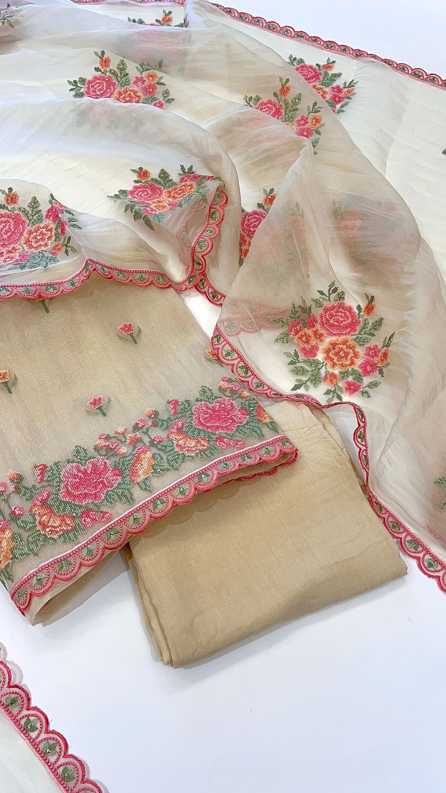 Light Gold Glass tissue with floral cross stitch embroidery dress material