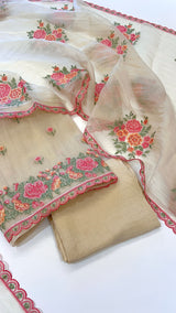 Light Gold Glass tissue with floral cross stitch embroidery dress material