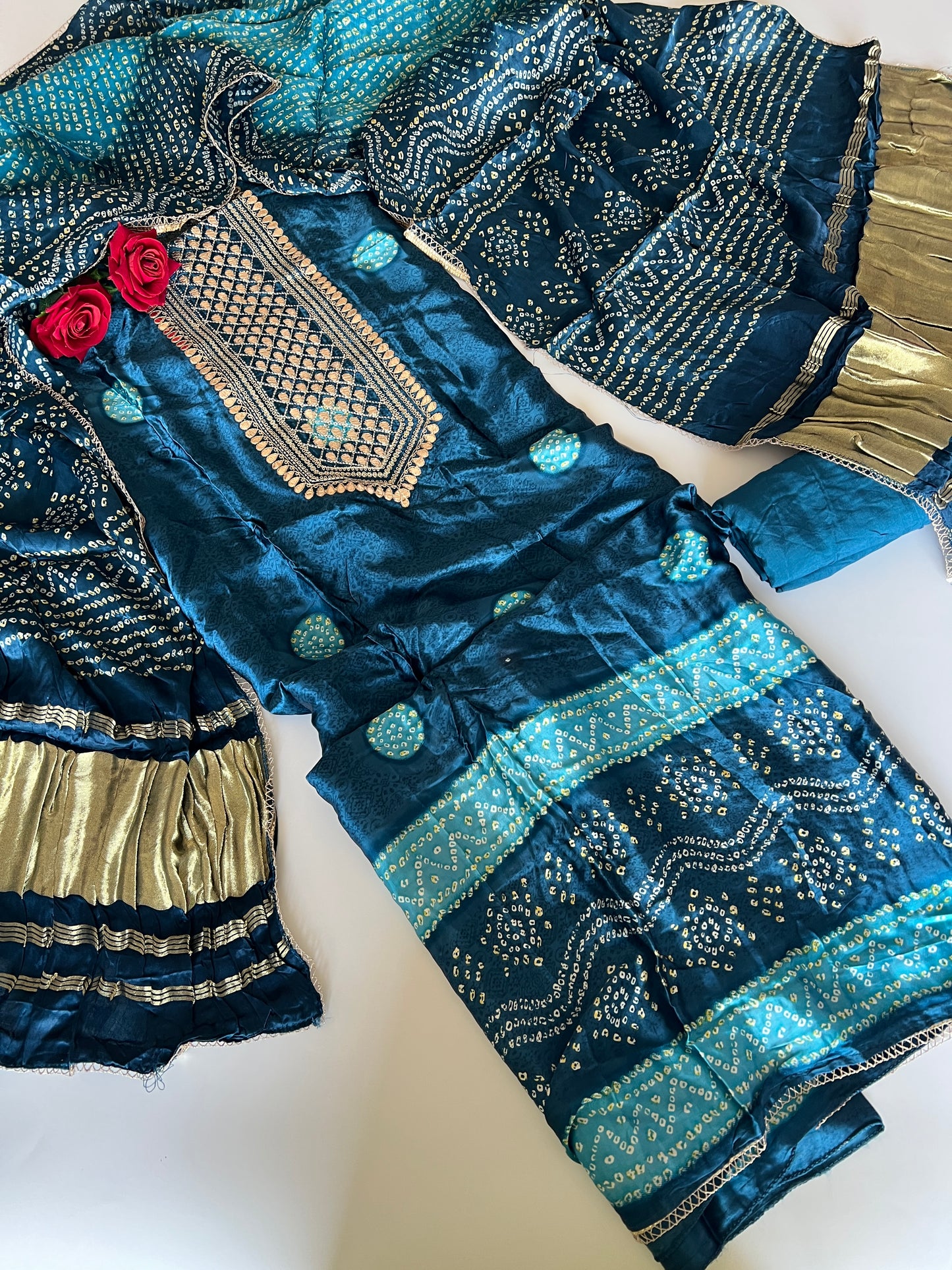 Blue Gajji Silk With gotta work neck Unstitched suit