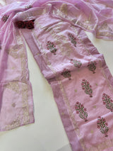 Purple Block print and pitta work on Mul Chanderi dunstitched Suit set