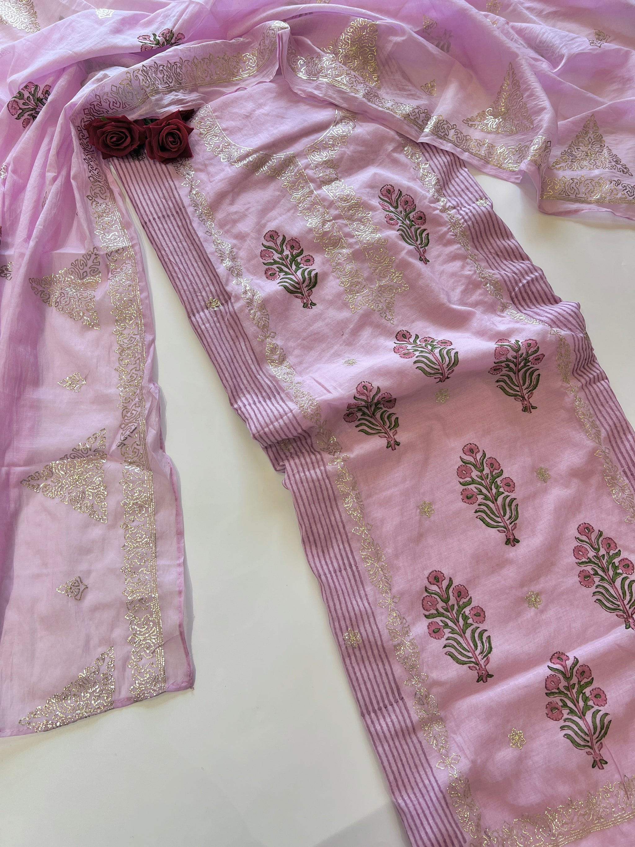 Purple Block print and pitta work on Mul Chanderi dunstitched Suit set