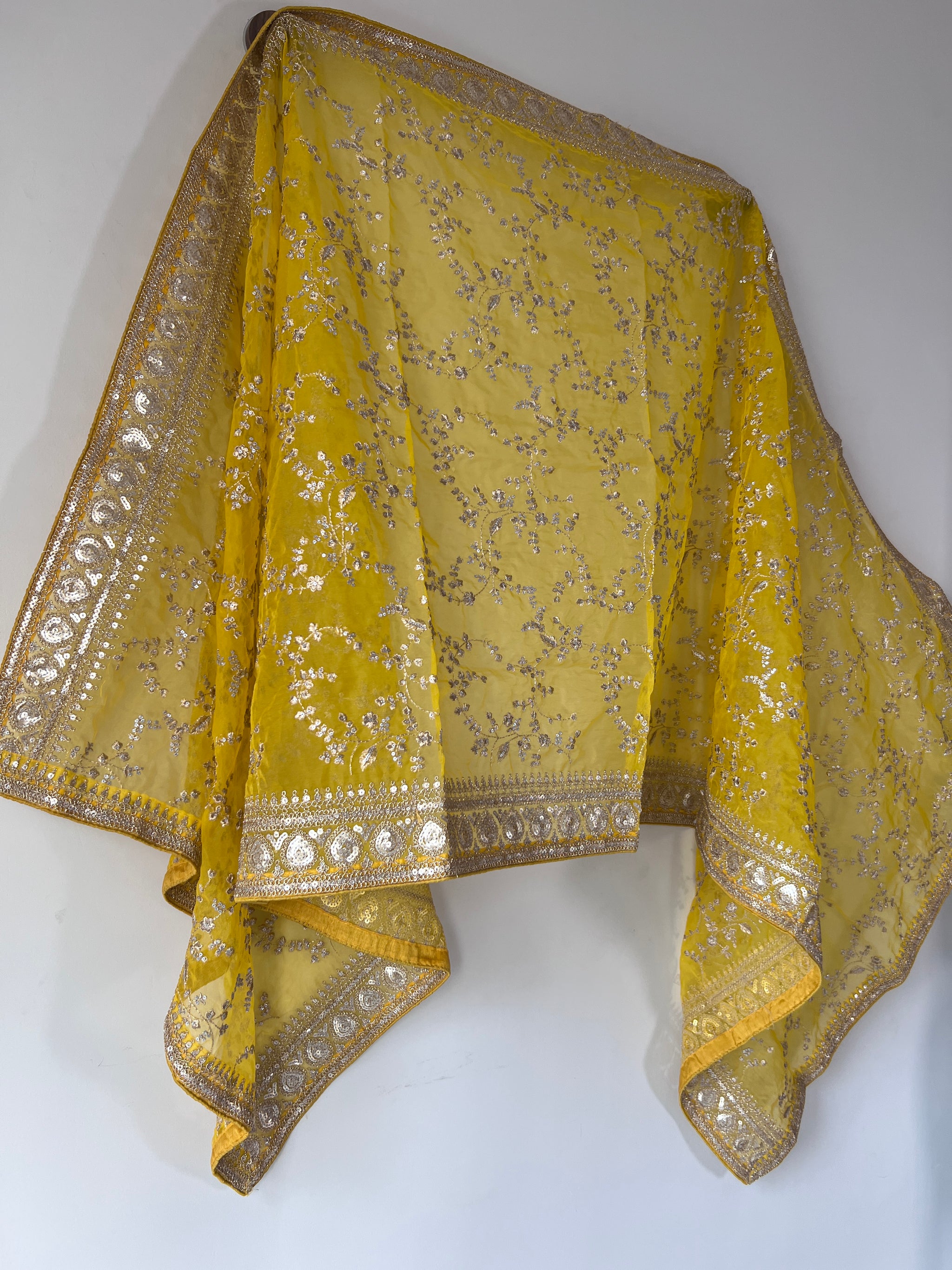 Yellow Organza Sabyasachi concept dupatta with all over embroidery