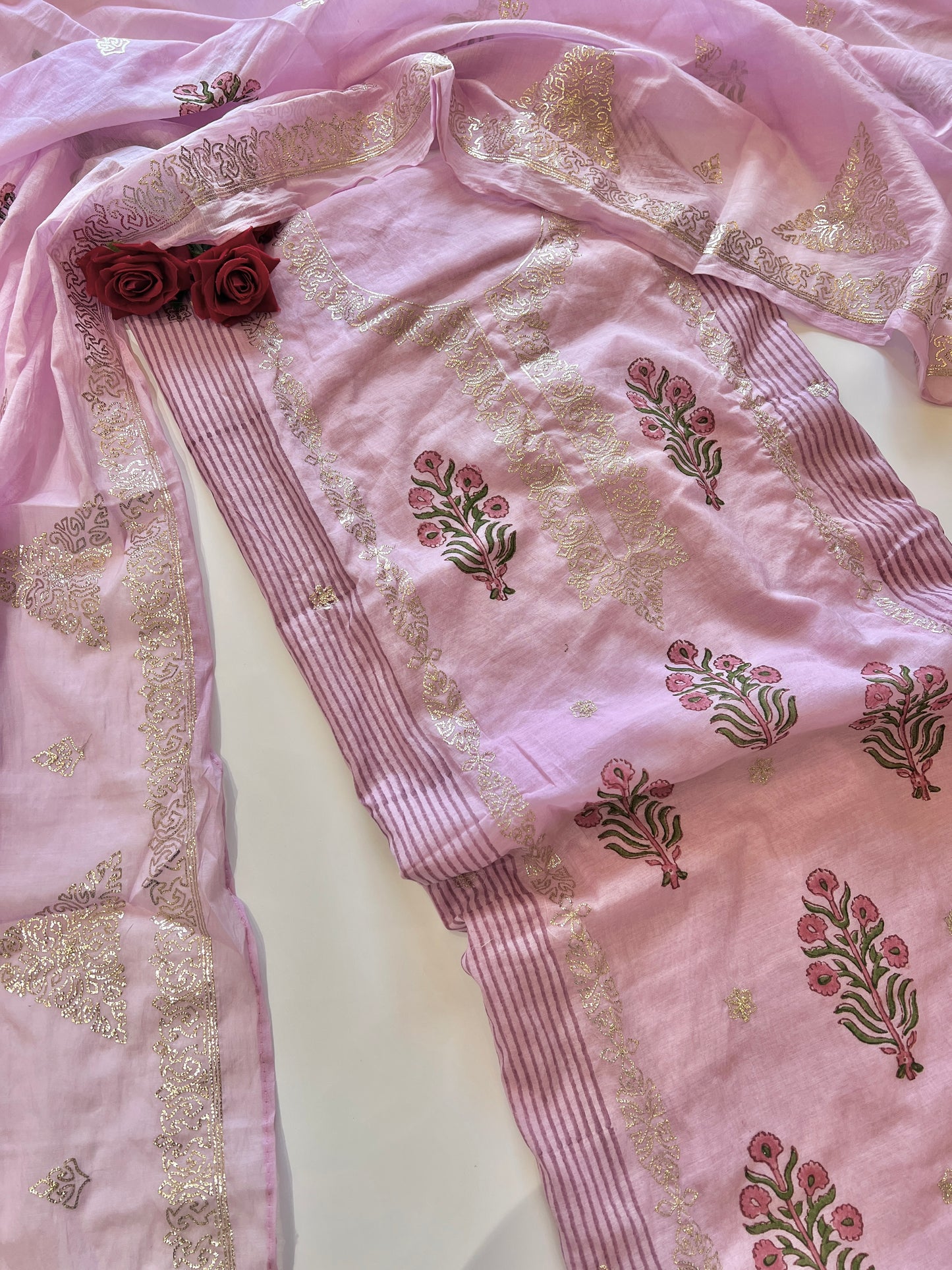 Purple Block print and pitta work on Mul Chanderi dunstitched Suit set