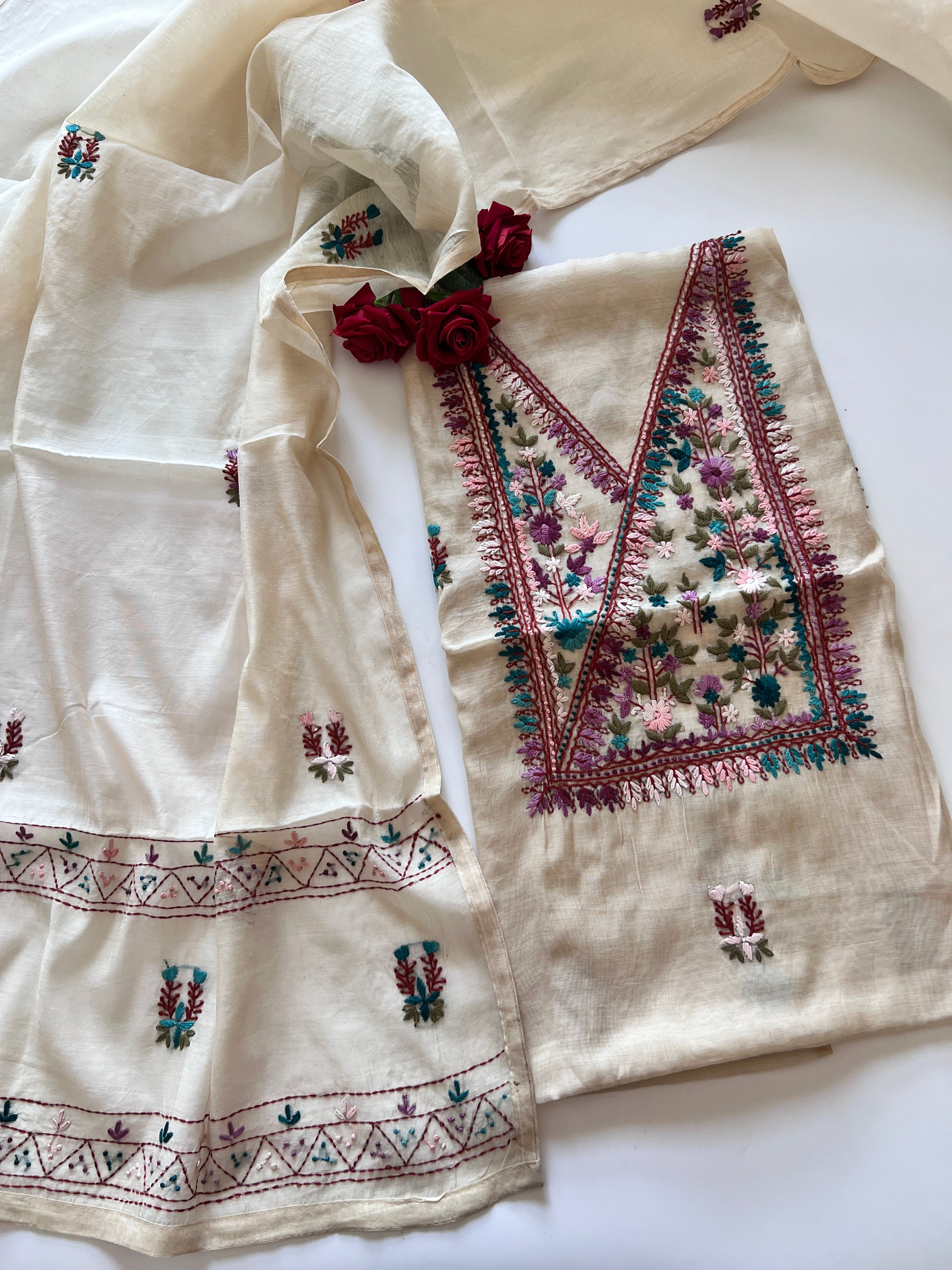 2 pc Cream Knot embroidery Unstitched suit material