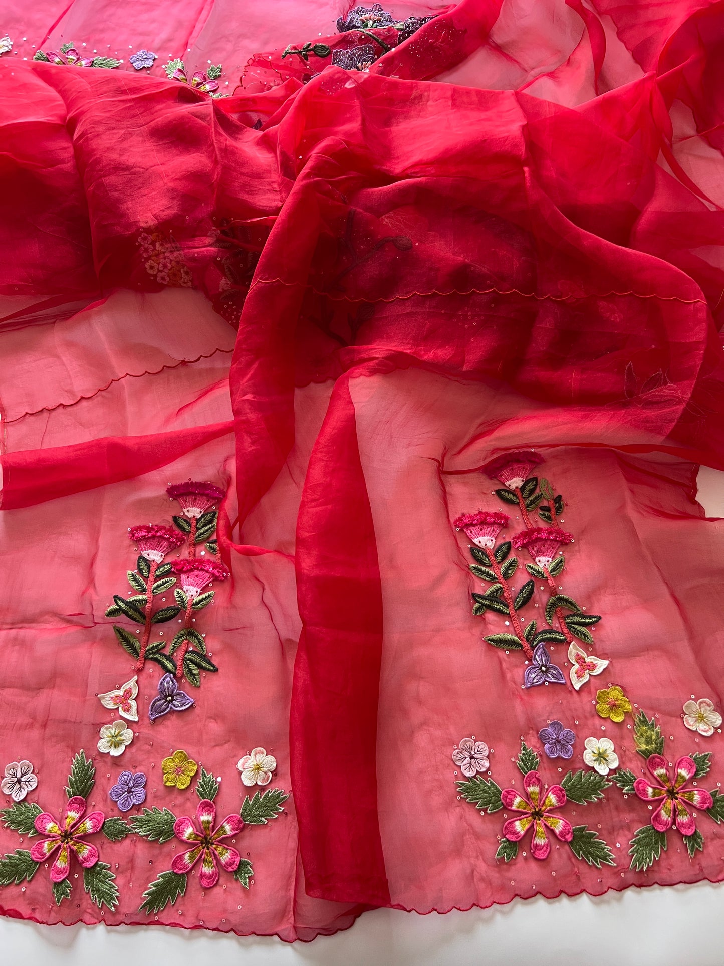 Red Fairy tale Embroidery on Organza premium unstitched dress material with 3D floral work