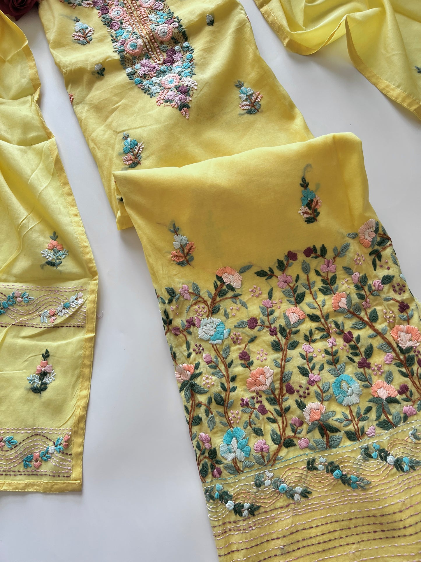 Yellow Knot embroidery Unstitched suit material 2 pc
