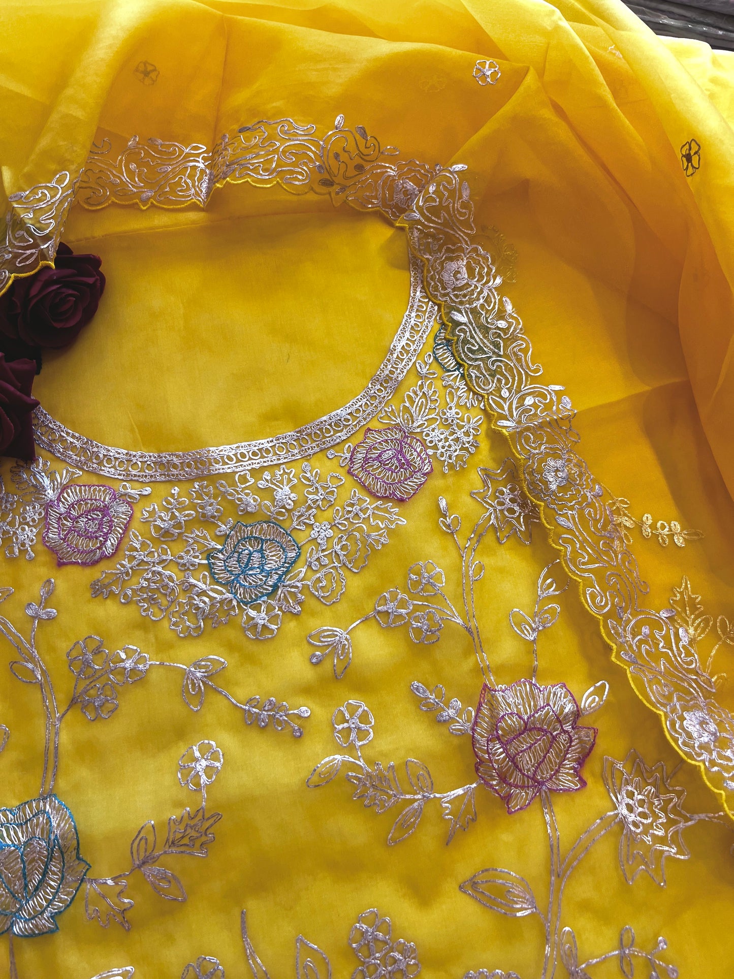 Pure Silk Organza Full embroidered premium unstitched suit in yellow
