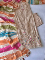 Linen with multi color embroidery and dupatta,, Unstitched suit material