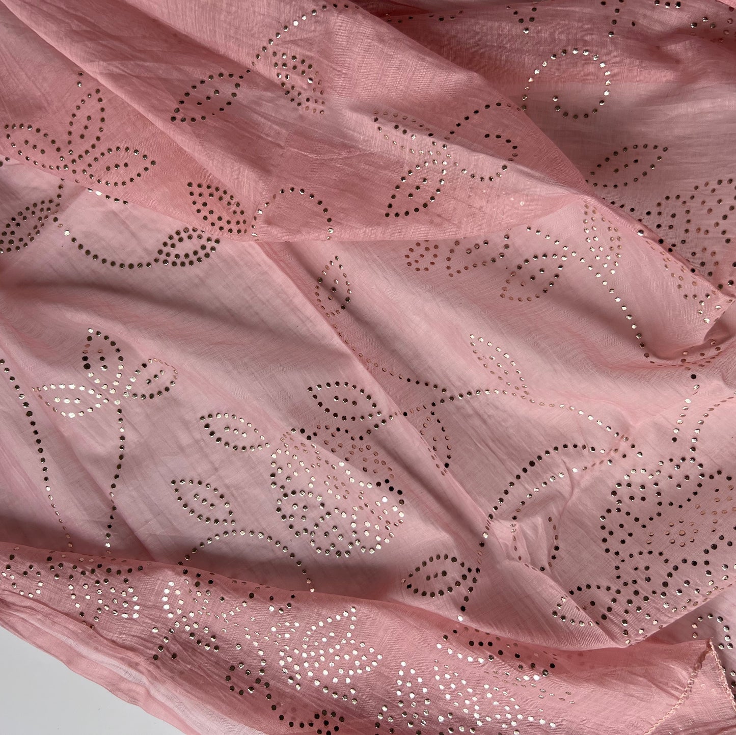 Pastel pink Mul Chanderi dress material with pitta and mukaish work
