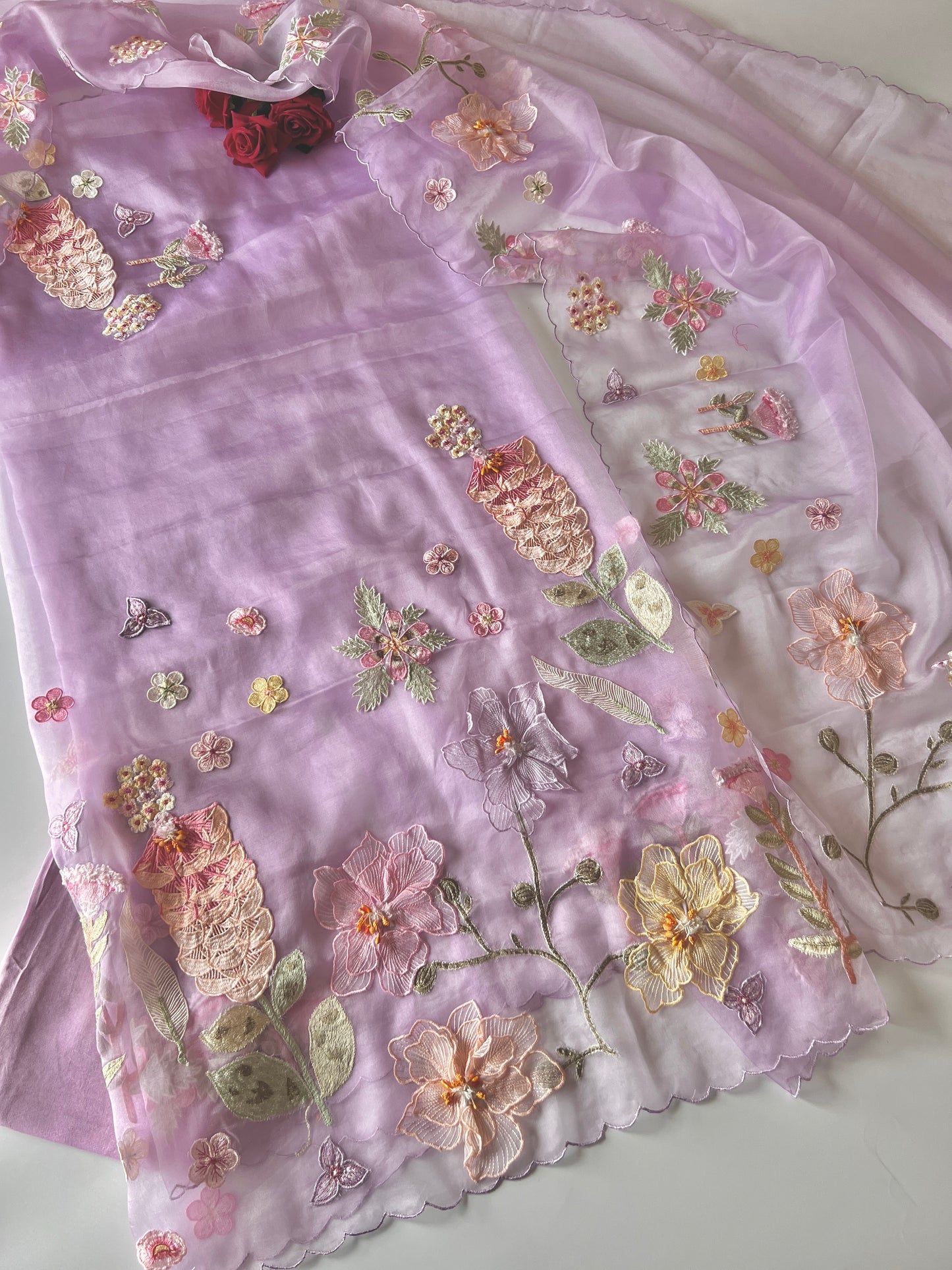 Purple 3D Embroidery on semi Organza premium unstitched dress material with floral work