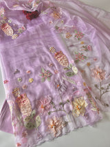 Purple 3D Embroidery on semi Organza premium unstitched dress material with floral work