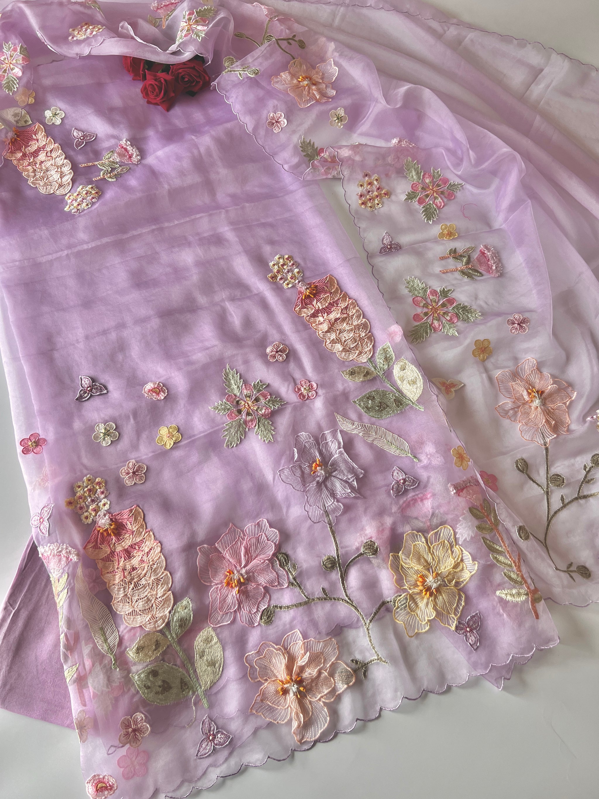 Purple 3D Embroidery on semi Organza premium unstitched dress material with floral work