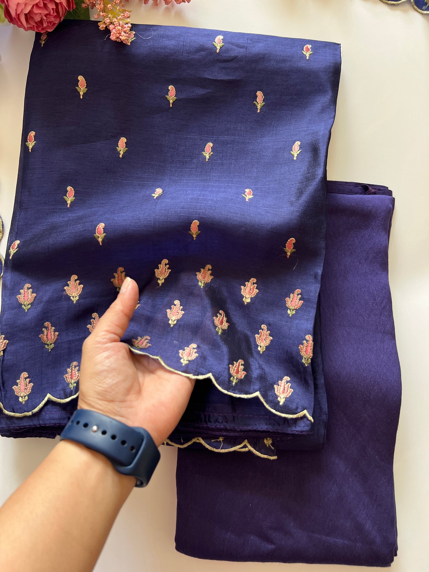 Blue Raw Mango handloom embroidered unstitched suit.