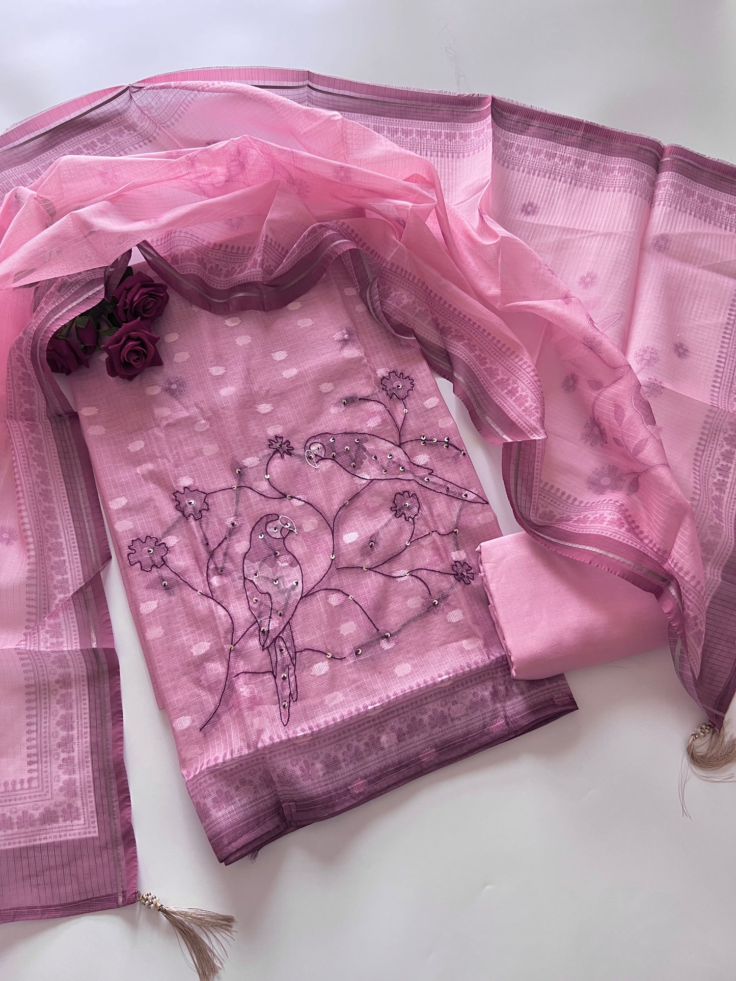 Pink Bird Embroidered Unstitched Suit