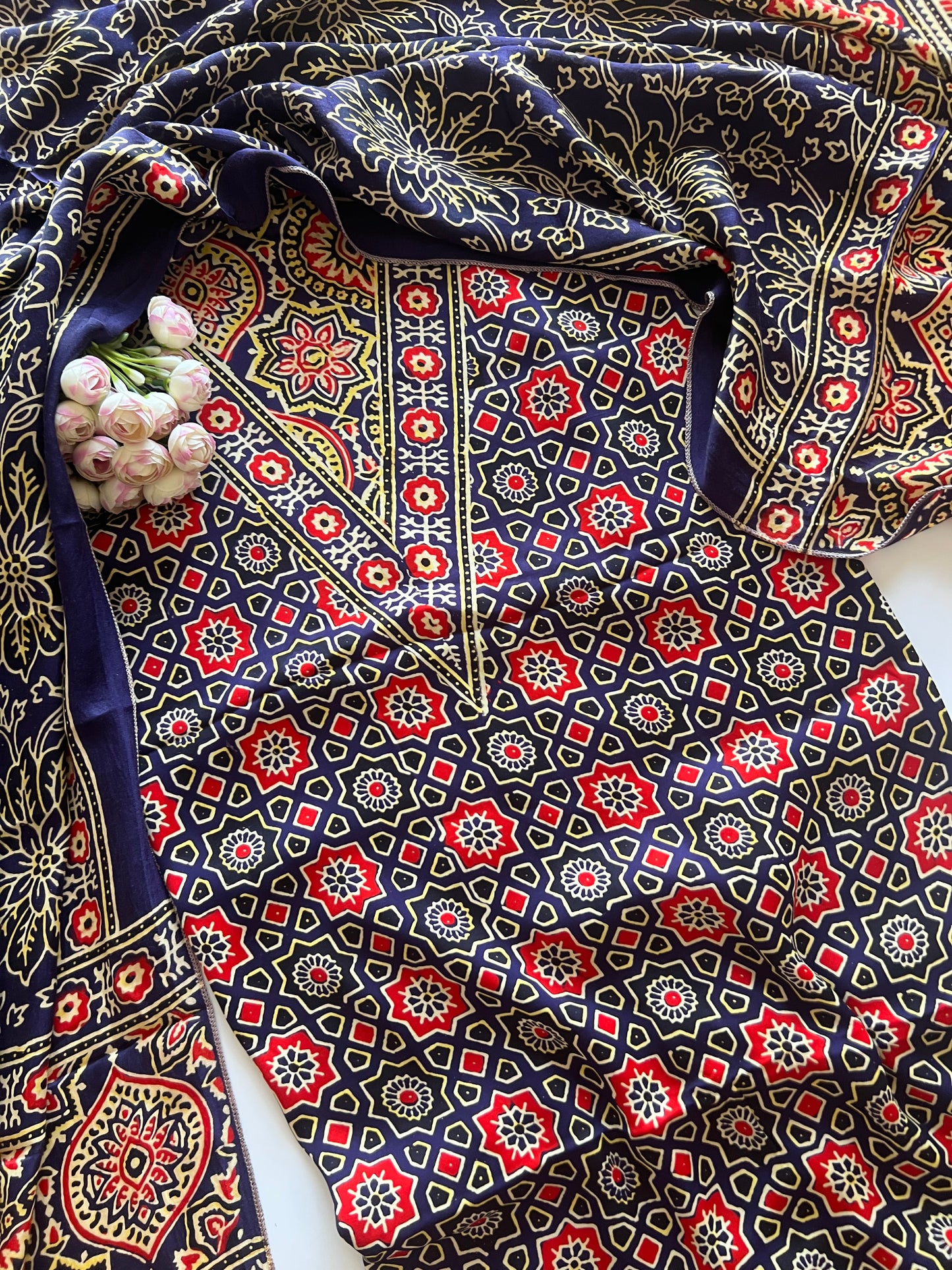 Blue Ajrakh Handblock print 3 pc fabric Unstitched suit set