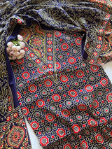 Blue Ajrakh Handblock print 3 pc fabric Unstitched suit set