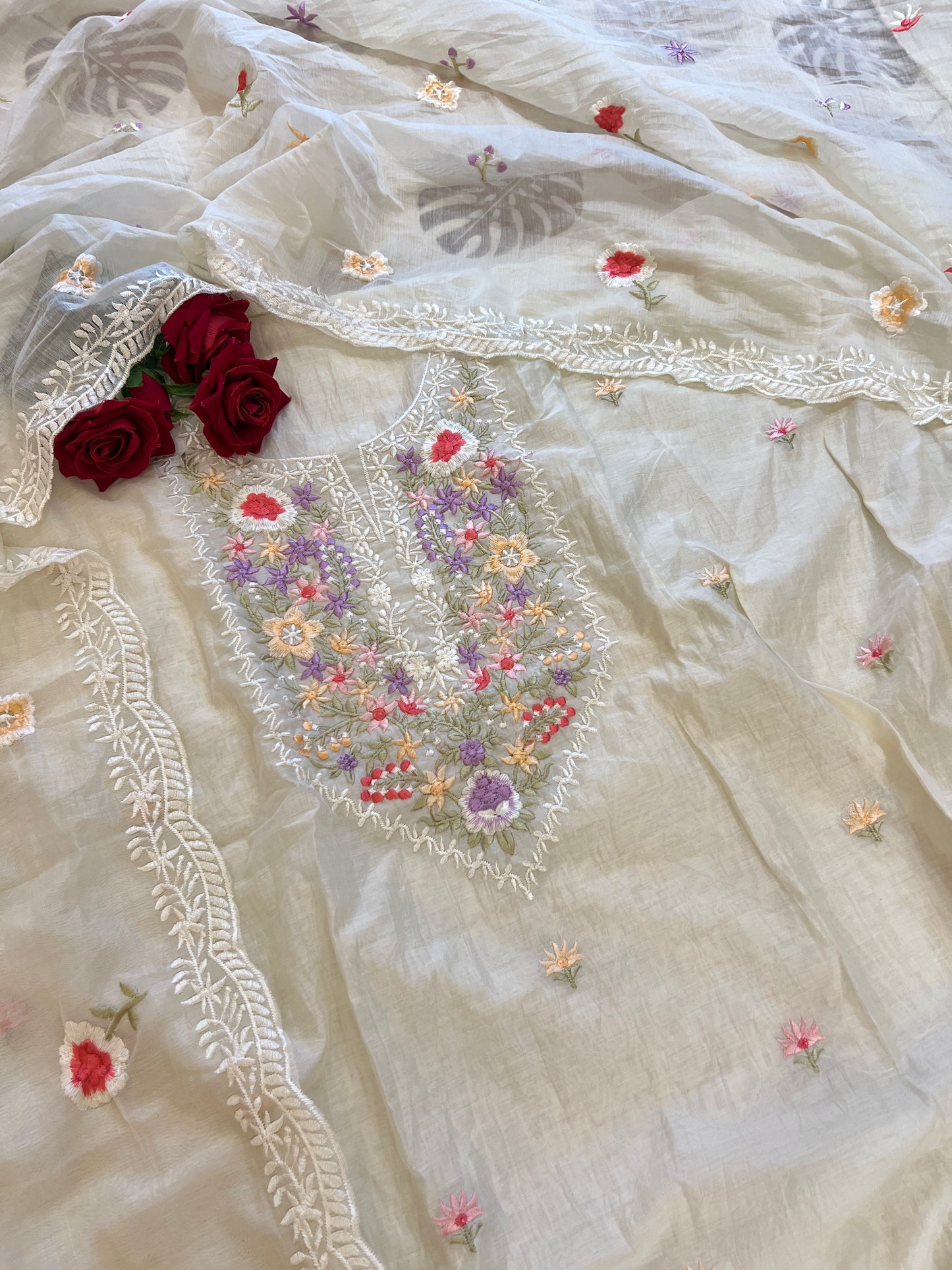Mul Chanderi Thread embroidered Unstitched Suit