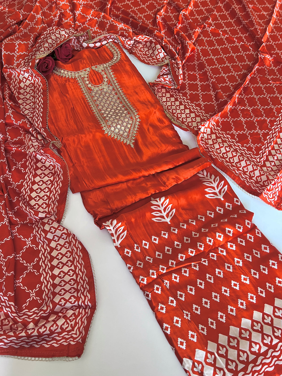 Orange Gajji Silk With gotta work neck Unstitched suit