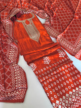 Orange Gajji Silk With gotta work neck Unstitched suit