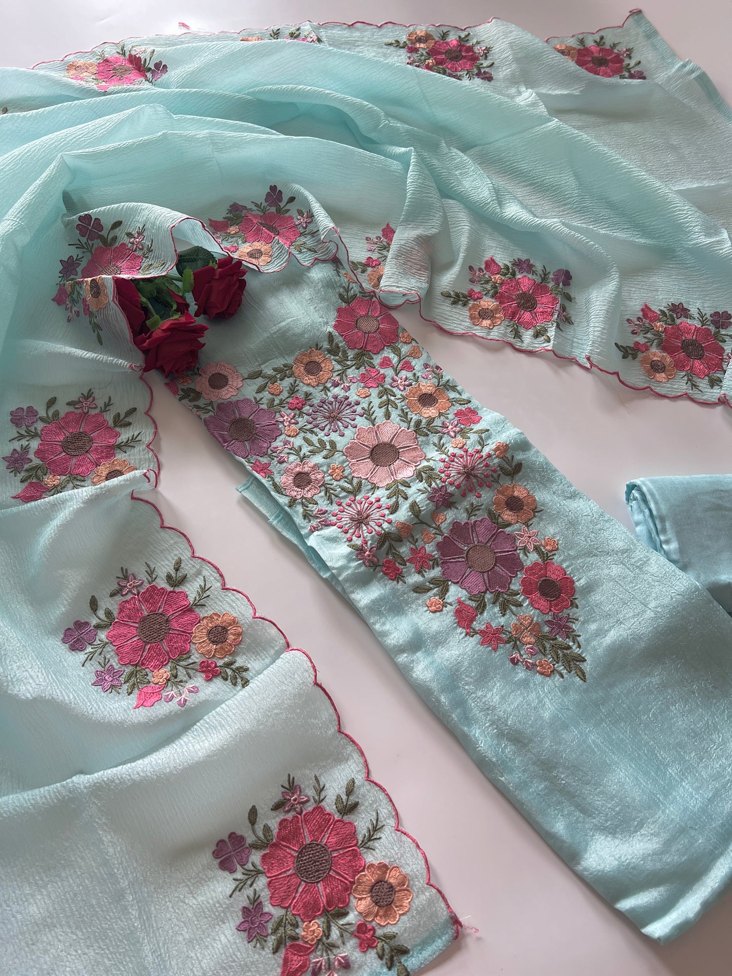 Blue Sunflower Embroidery Crush dress material unstitched