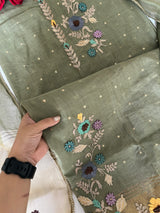 Olive Green Floral Embroidery tissue Jamdani Dress material