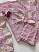 Lilac Mul Chanderi Handwork with Parsi dupatta Unstitched Suit set