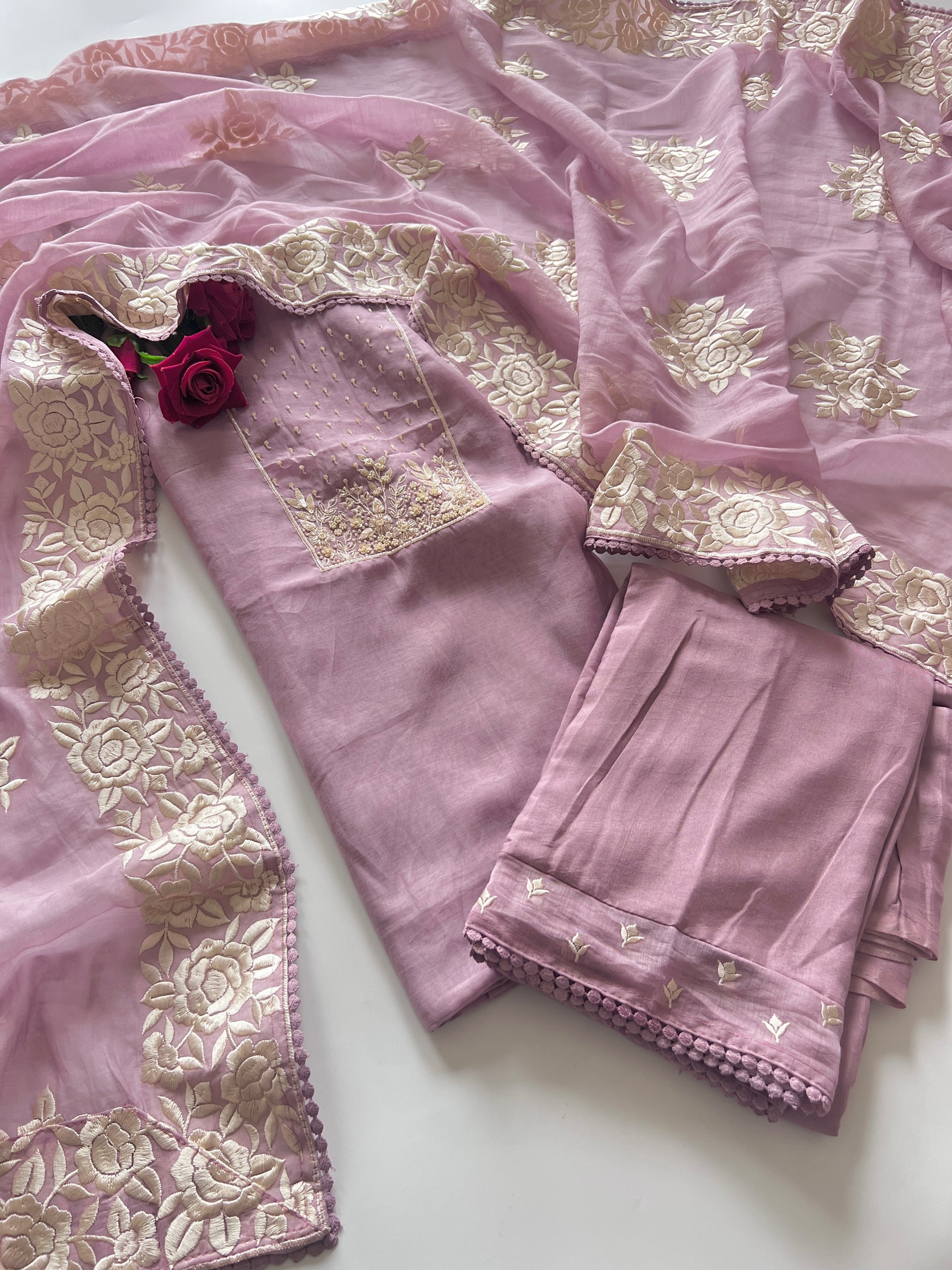 Lilac Mul Chanderi Handwork with Parsi dupatta Unstitched Suit set