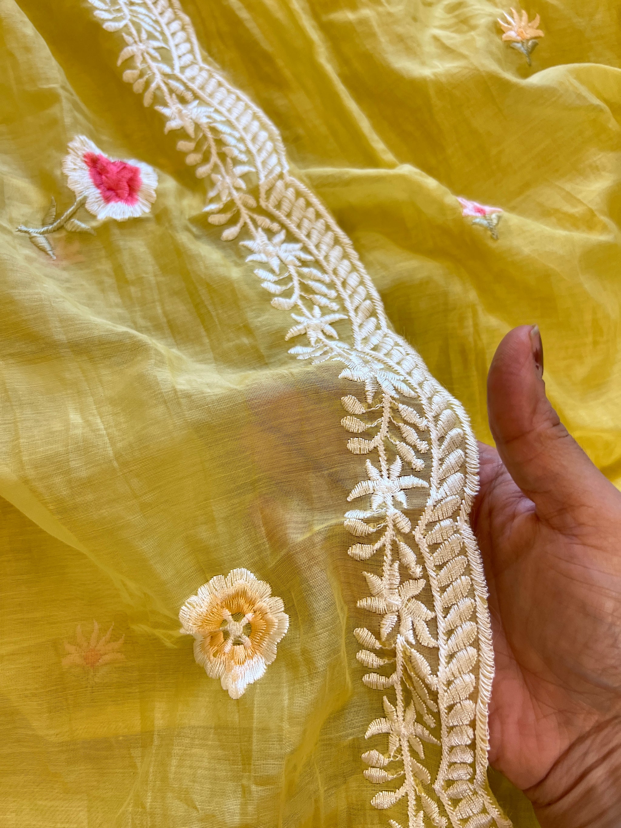 Yellow Mul Chanderi Thread embroidered Unstitched Suit