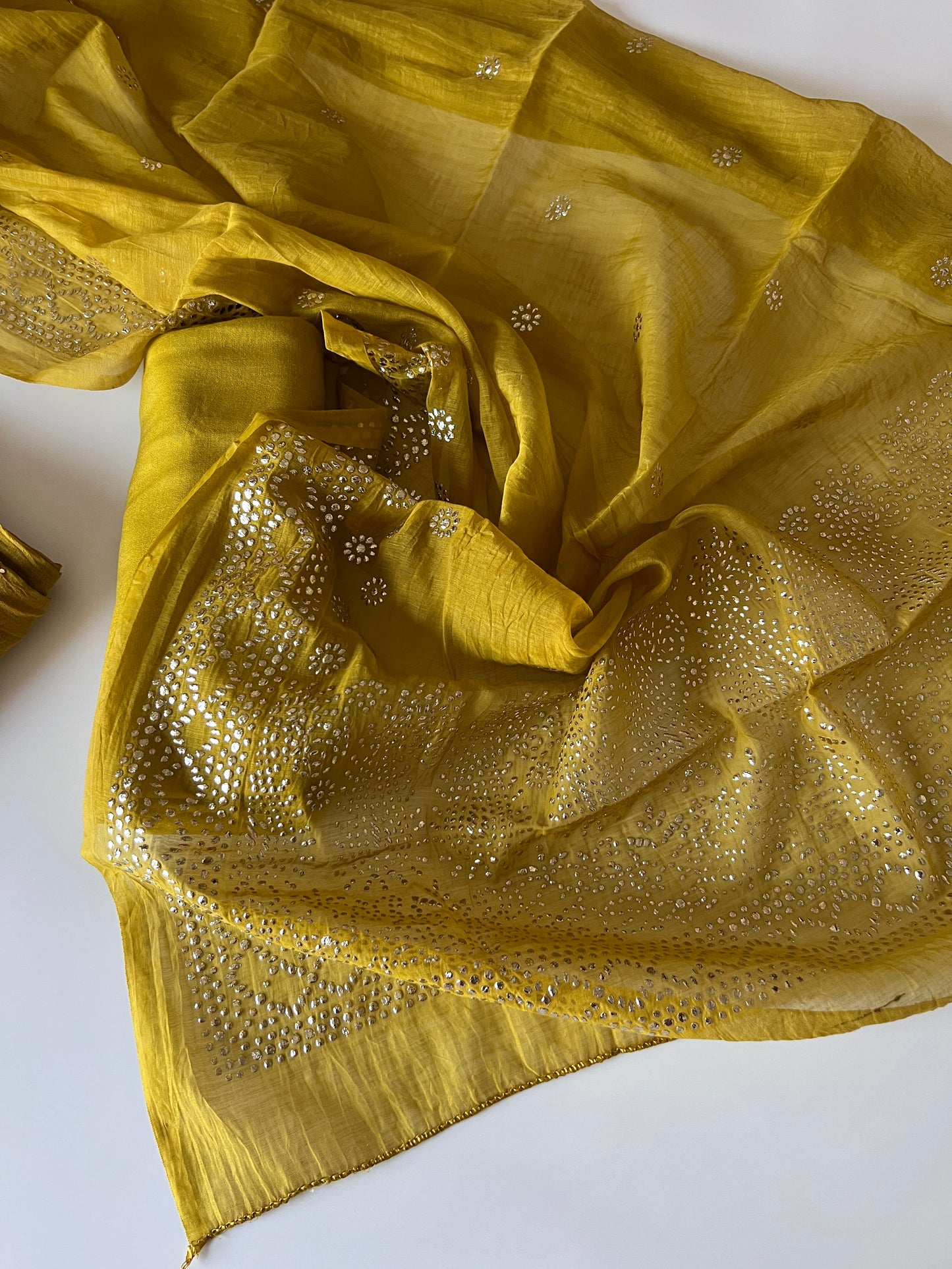 Yellow Mul Chanderi dress material with mukaish