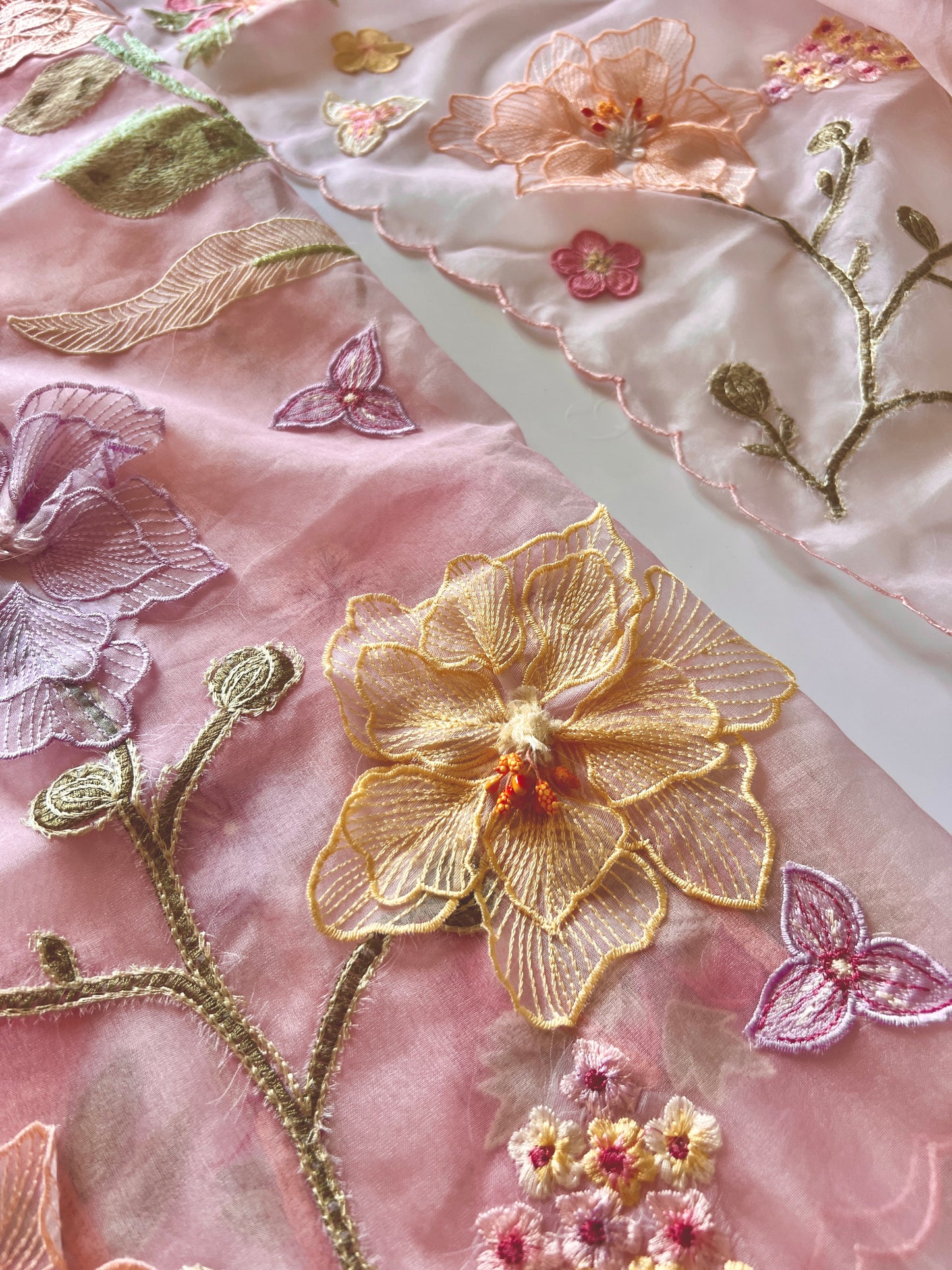 Pink 3D Embroidery on semi Organza premium unstitched dress material with floral work