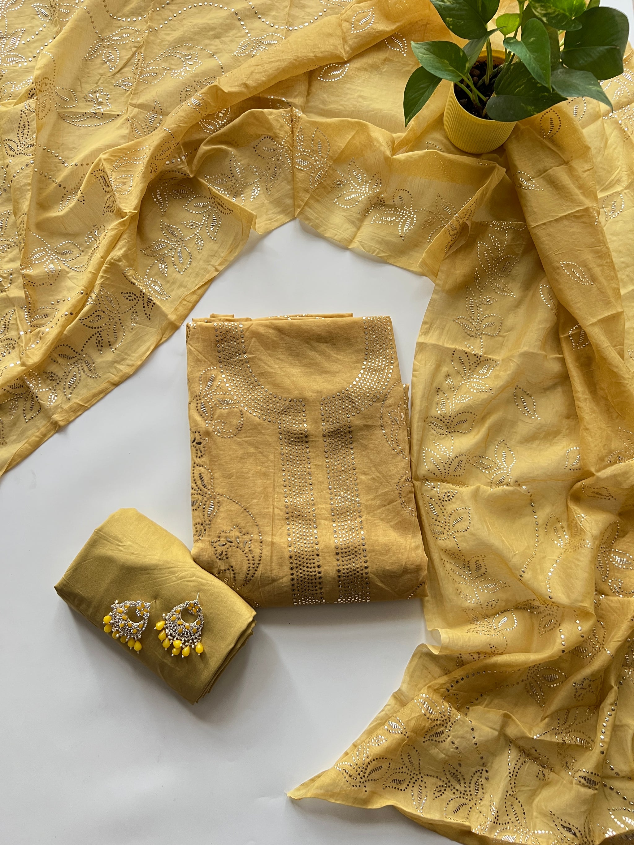 Yellow Mul Chanderi dress material with mukaish