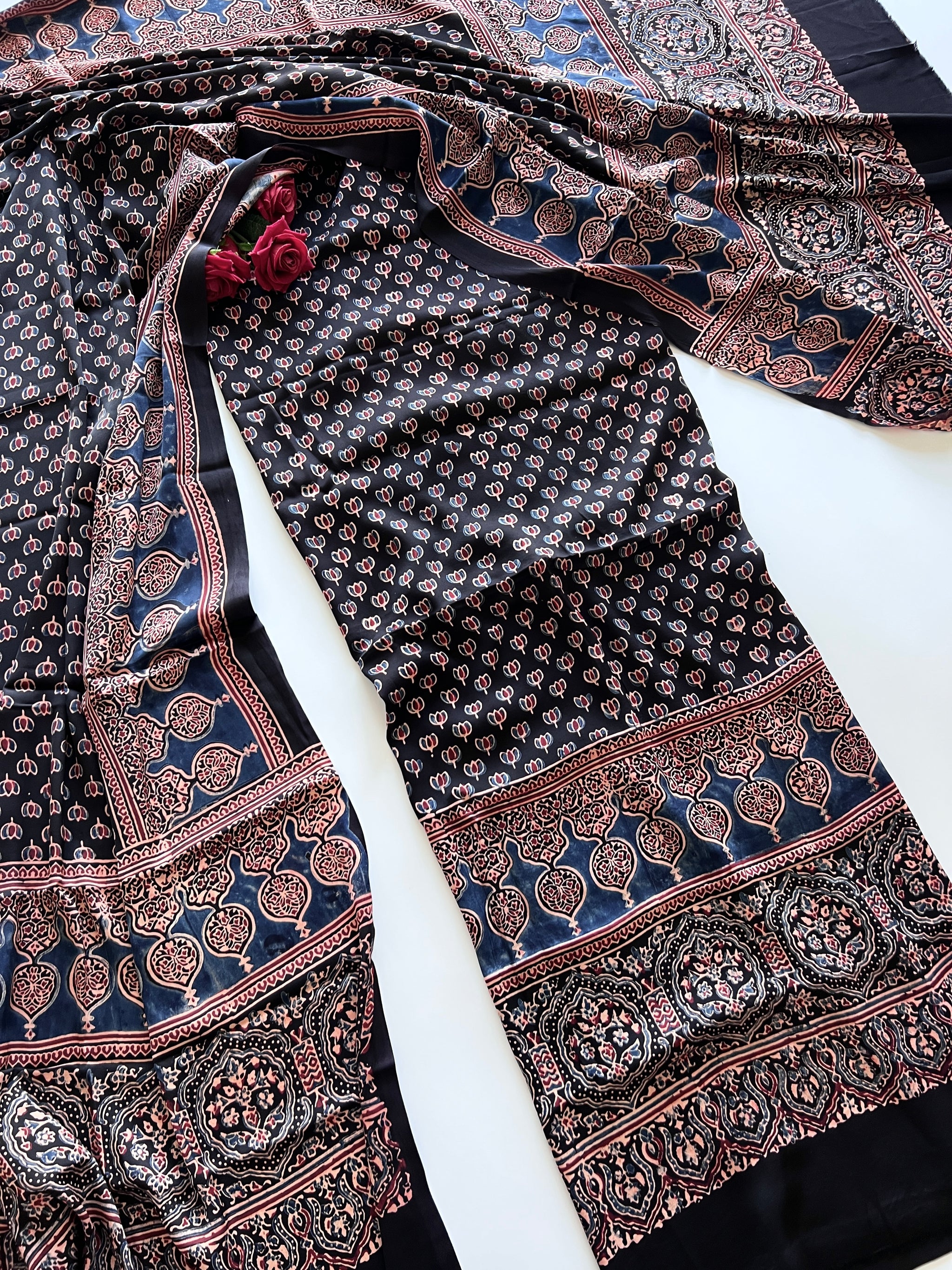 Black Original Handblock Ajrakh print 2 pc fabric Unstitched suit set