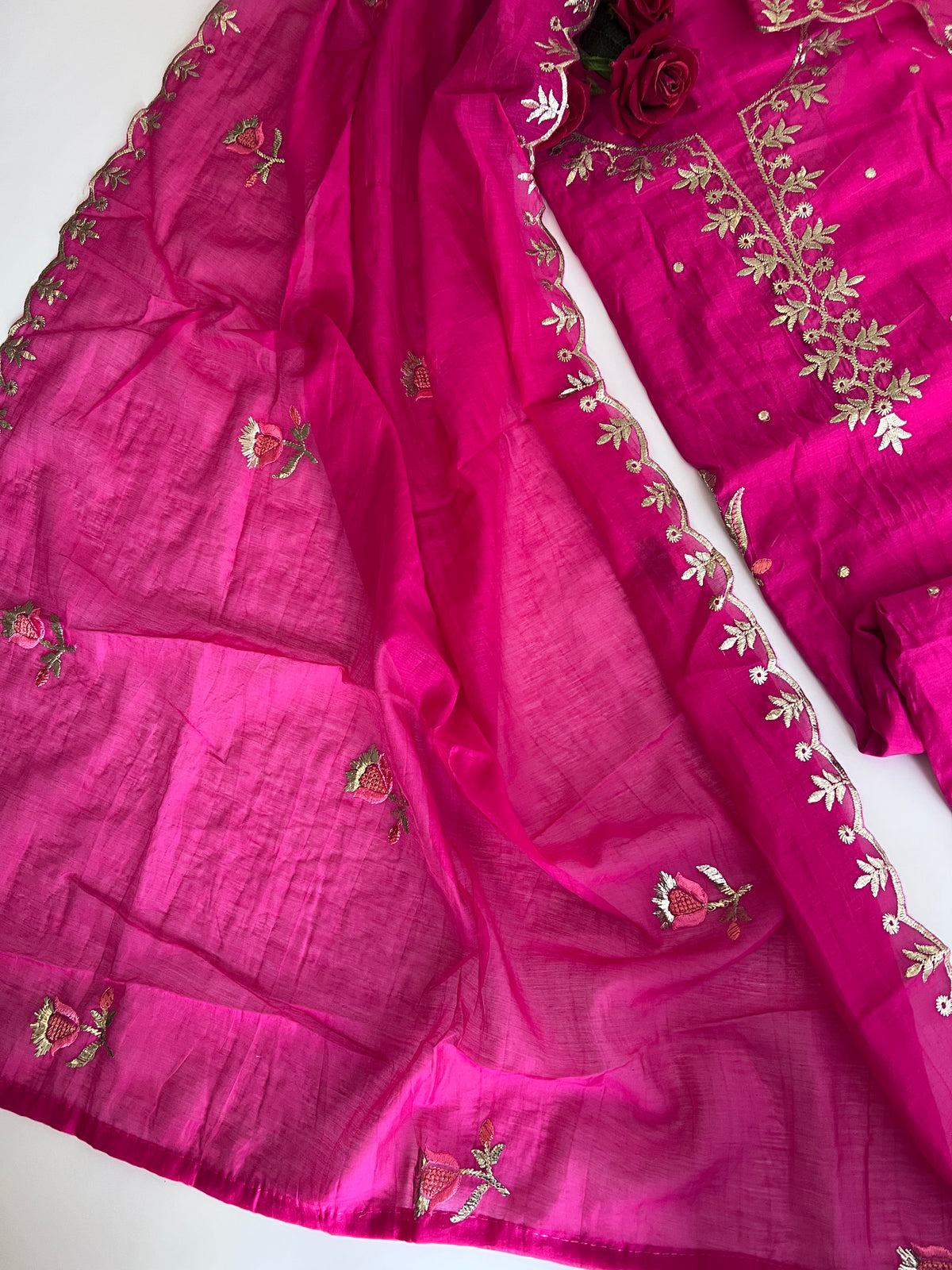 Pink Pitta with thread work on Mul Chanderi dress material - Unstitched Suit set