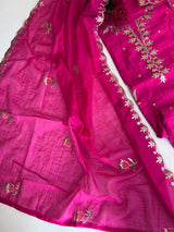 Pink Pitta with thread work on Mul Chanderi dress material - Unstitched Suit set